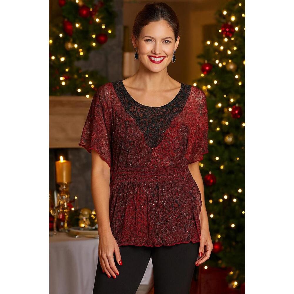 HeartSoul Red Sheer Lace Sequin Holiday Party Black Trim Boho Festival Top, XL